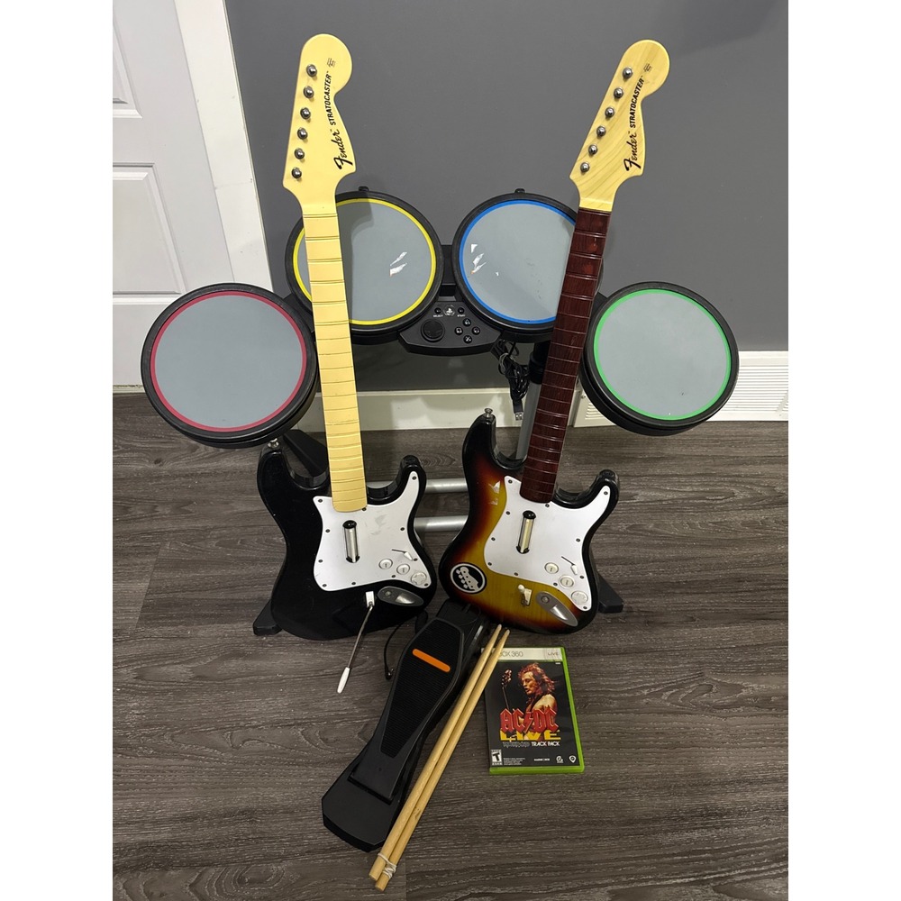 Rock Band Xbox 360 Bundle 2 Fender Stratocaster Guitars Drums AC/DC Game